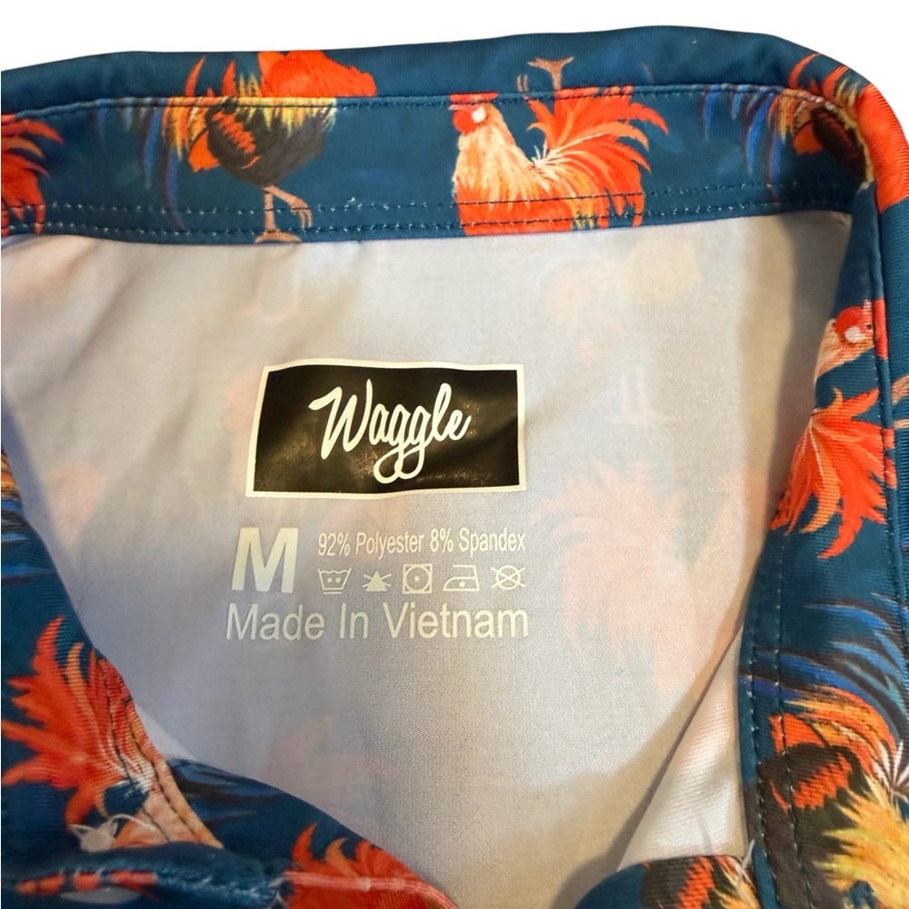 Waggle Cocky Rooster Golf Polo Shirt‎ Blue Novelty Print Stretch Size M - Picture 5 of 5